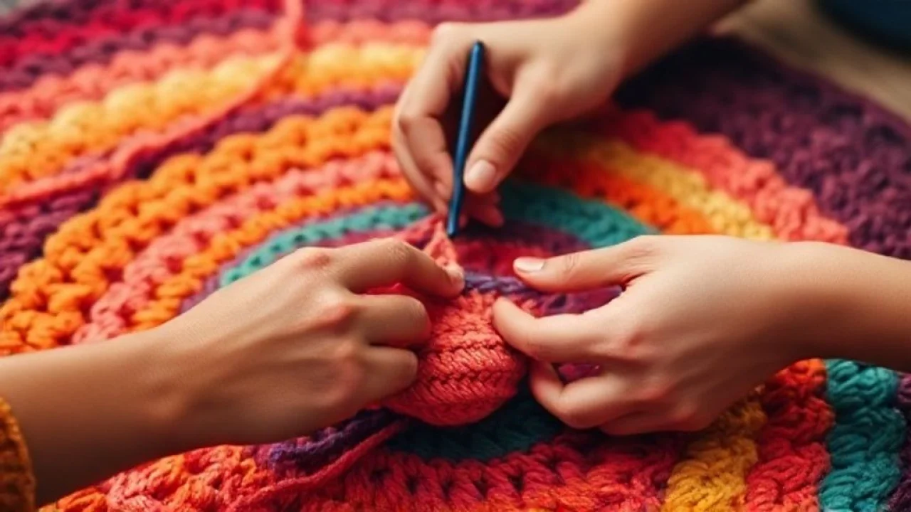 Close-up of diverse hands crocheting a colorful rug, soft natural light, focus on the crochet hook Mãos habilidosas crocheteando tapete colorido, foco na agulha e no fio.