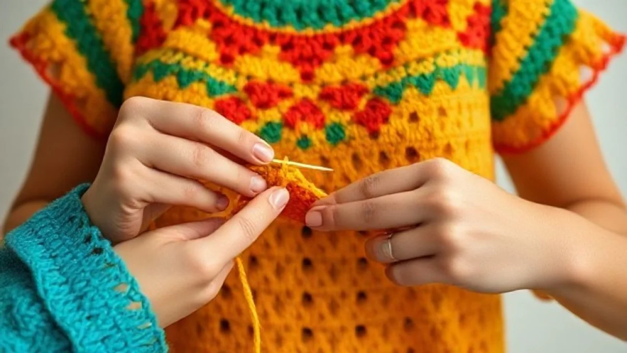 Close-up of diverse hands crocheting a colorful top-down blouse, professional studio shot, soft Mãos crocheteando blusa top down colorida. Detalhe dos pontos e agulha.