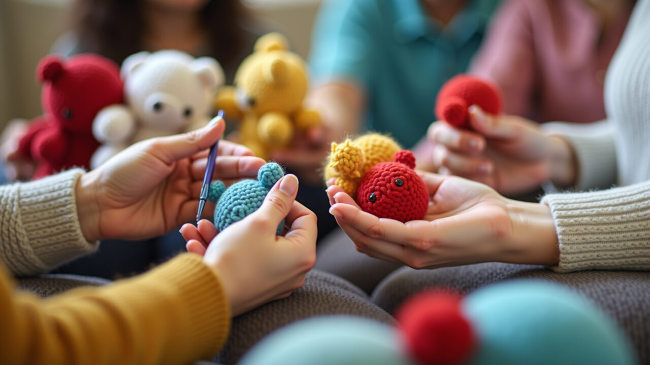 Close-up of diverse hands crocheting colorful amigurumi toys, showcasing beginner mistakes, natural Mãos diversas crocheteando amigurumis coloridos, mostrando erros comuns.