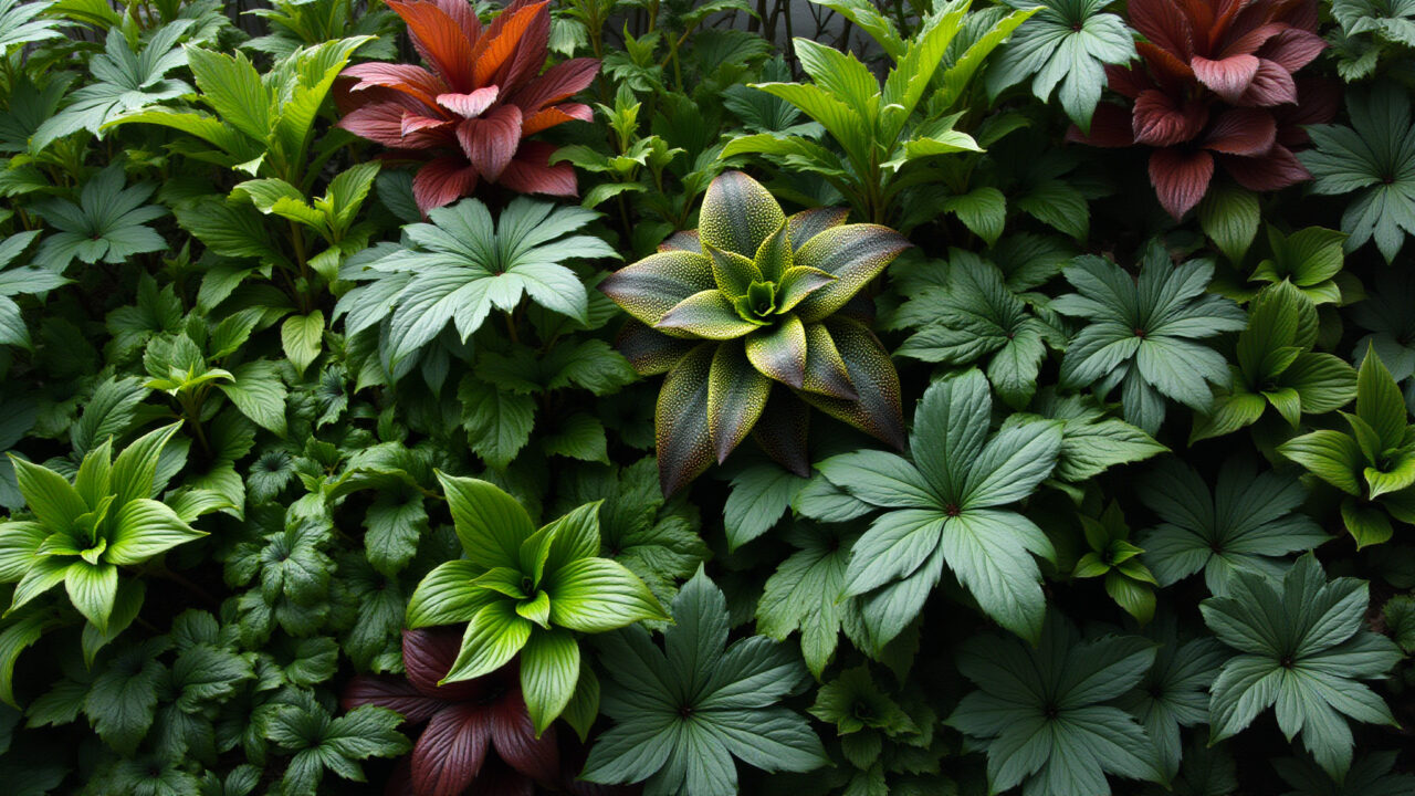 Close-up of diverse plants in a double-height vertical garden, showcasing textures and colors, Detalhe de plantas variadas em jardim vertical de pé direito duplo.