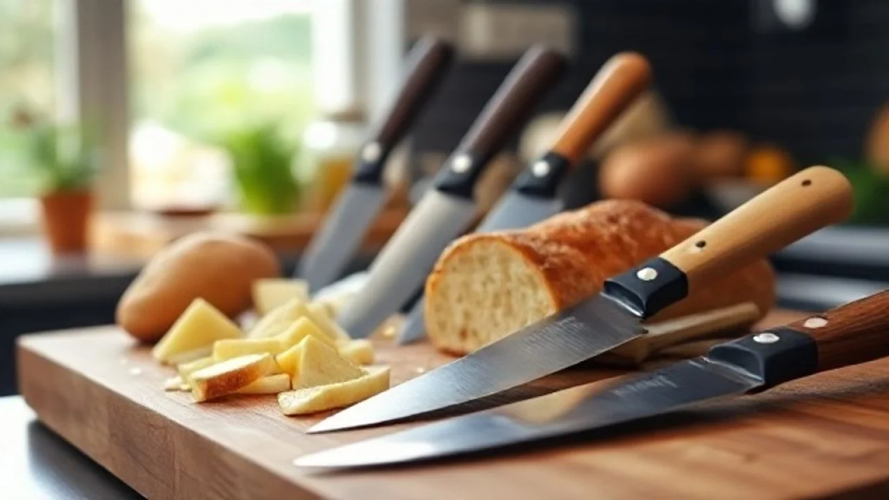 Close-up of diverse set of knives (chef's, bread, paring) on a wooden cutting board in a modern Jogo de facas essenciais: chef, pão, legumes. Qualidade e precisão.