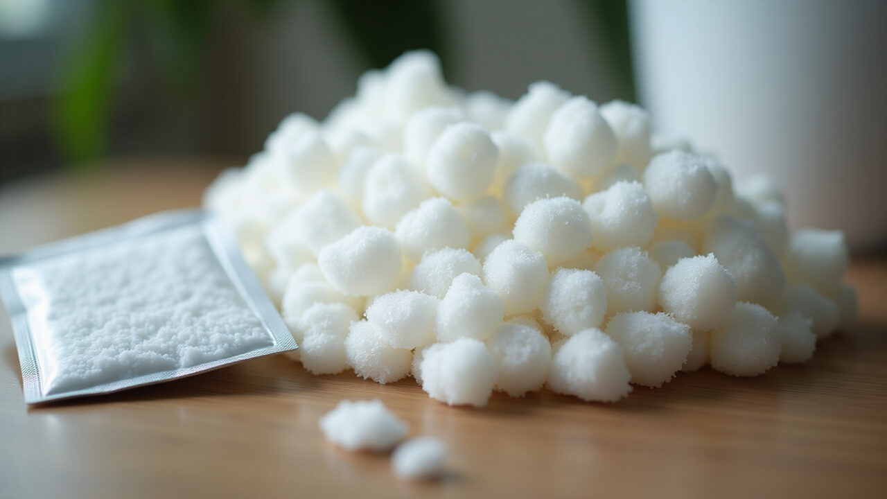 Close-up of fiberfill with silica gel packets nearby, in a slightly humid environment. Professional Prevenção de mofo em enchimento de amigurumi com sílica gel.
