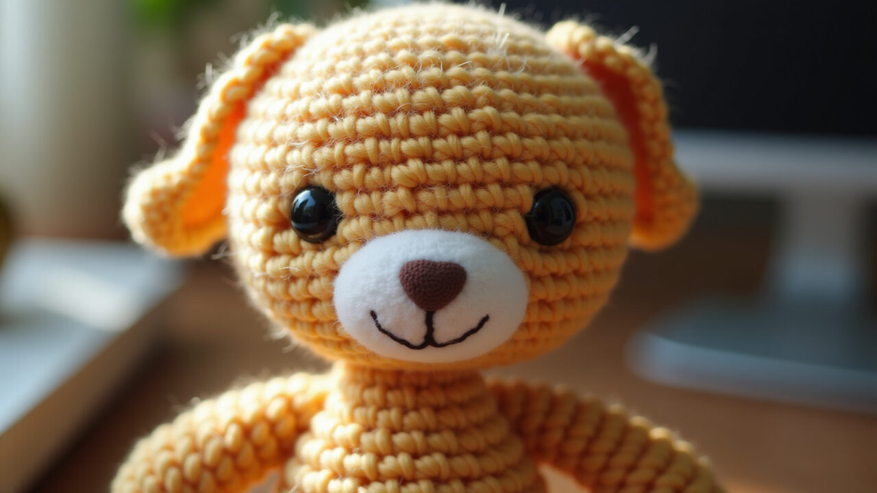 Close-up of finished amigurumi with imperfections, celebrating progress, natural light, 8K quality, Amigurumi finalizado com imperfeições, celebrando o progresso.