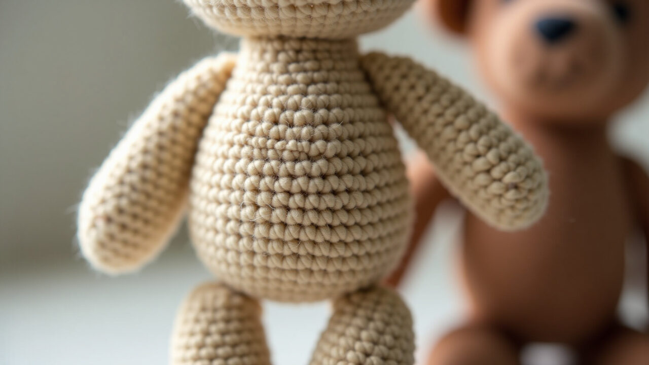 Close-up of finished amigurumi with neatly sewn parts, hidden knots, professional photography, 8K Acabamento perfeito em um amigurumi.