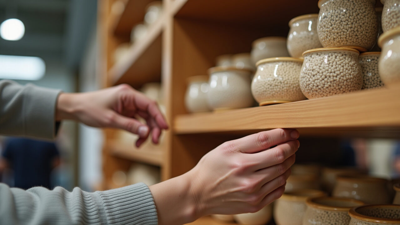 Mãos arrumando produtos artesanais em prateleira de madeira.