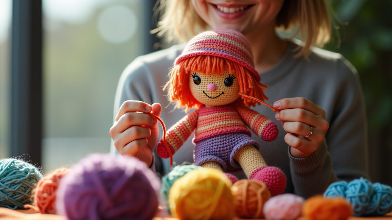 Mãos habilidosas crocheando uma boneca amigurumi colorida.