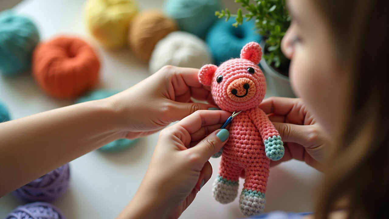 Close-up of hands crocheting a colorful amigurumi toy, natural light, vibrant yarn, crochet hook, Mãos habilidosas crocheando um amigurumi colorido.