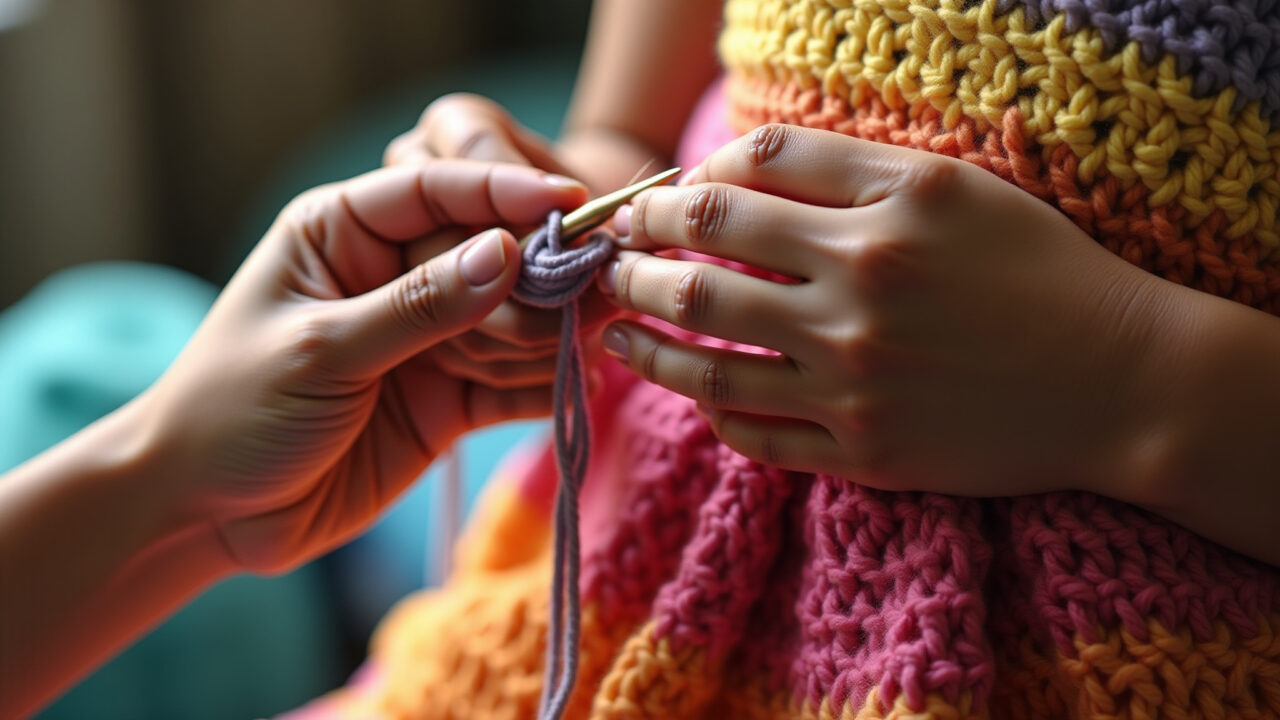 Close-up of hands crocheting a colorful dress, yarn, needles, natural light, 8K quality, sharp Vestido de crochê feito em casa: aventura criativa.