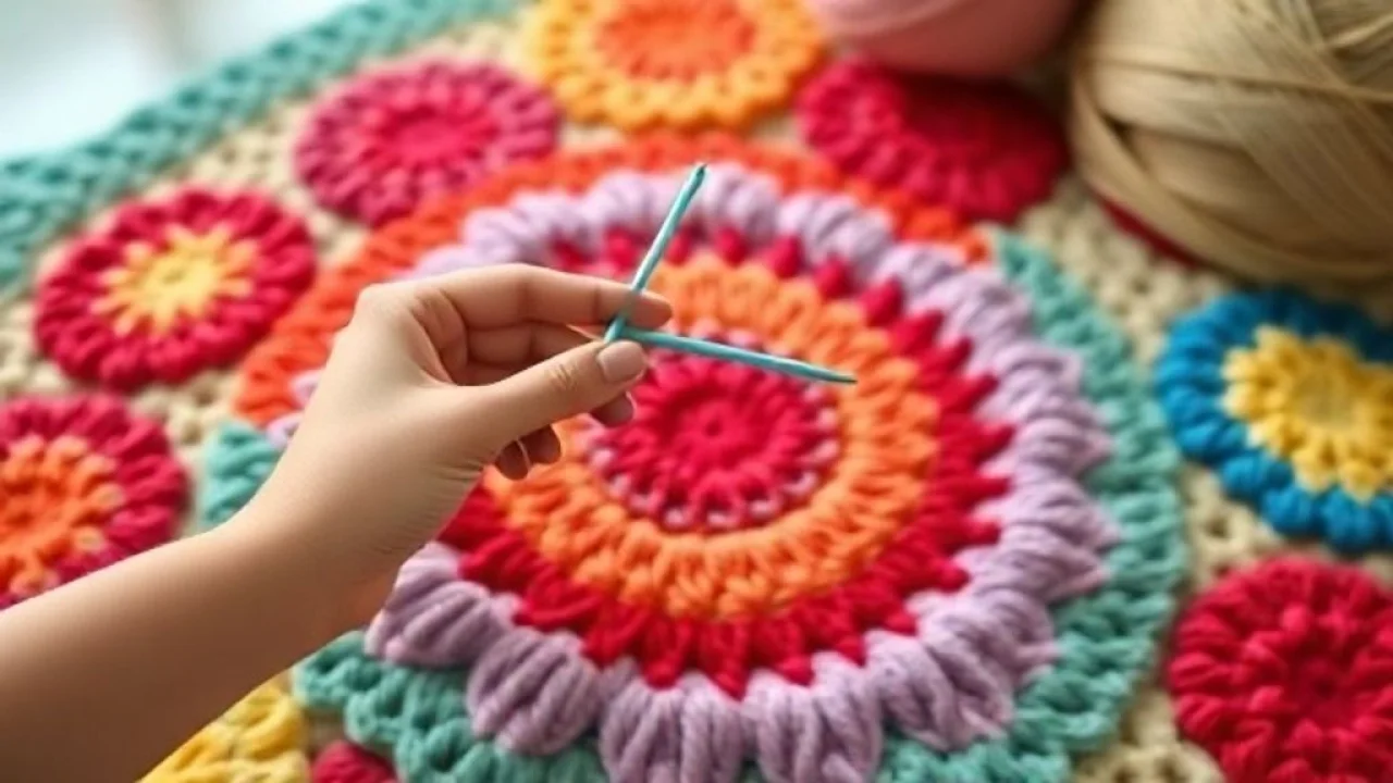 Close-up of hands crocheting a colorful kitchen rug with a crochet hook and yarn, professional Mãos habilidosas crocheteando um tapete colorido para cozinha com agulha e fio.
