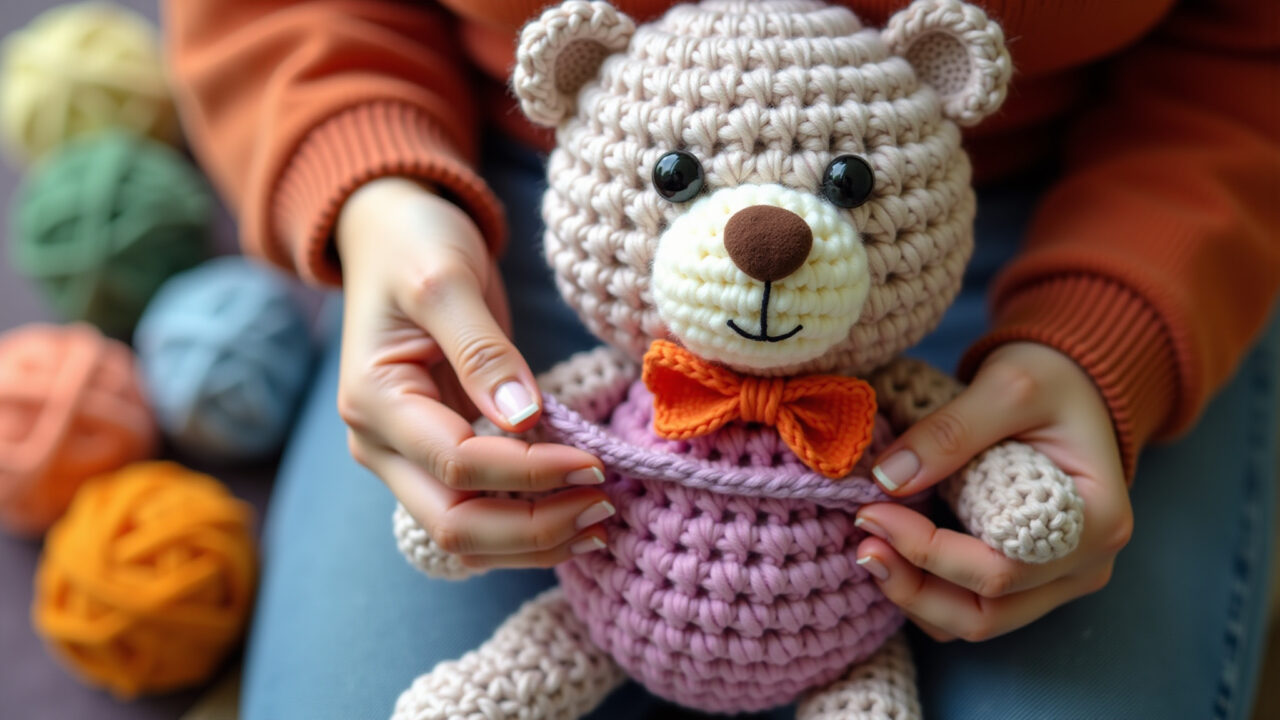 Close-up of hands crocheting a seamless amigurumi bear, vibrant yarn colors, natural light, 8K Mãos habilidosas crocheando um amigurumi de urso sem costura.