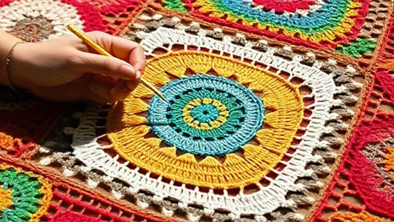 Close-up of hands crocheting a square tablecloth with colorful cotton thread, detailed texture, Mãos habilidosas crocheteando toalha de mesa colorida, detalhes do ponto e da textura do fio.