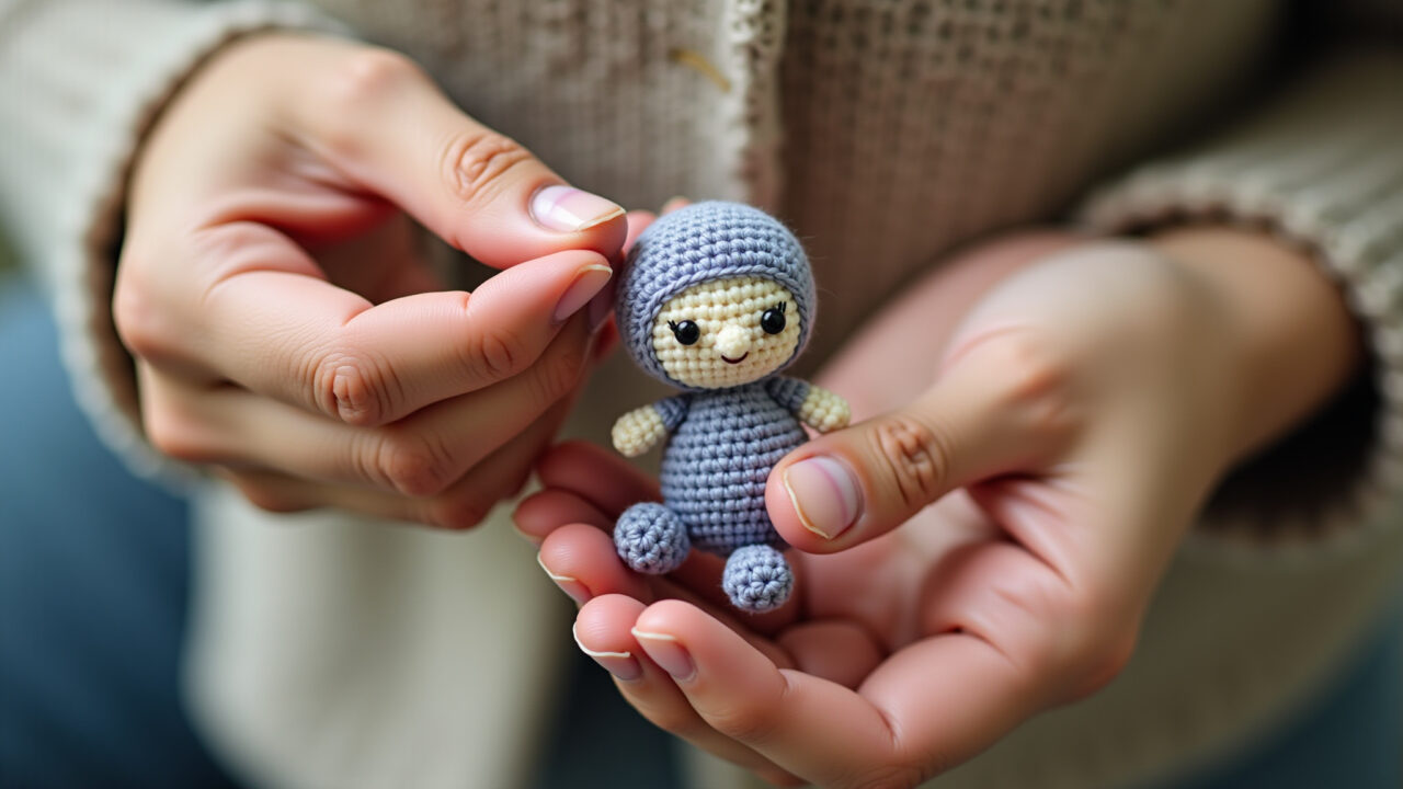 Mãos habilidosas criando um mini amigurumi com fio fino e agulha pequena.