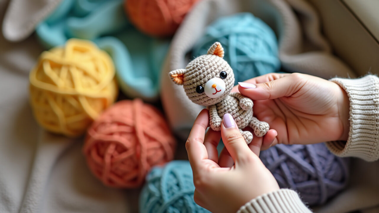 Close-up of hands crocheting amigurumi, tutorial style, natural light, soft yarn, professional Mãos habilidosas tricotando um amigurumi colorido.