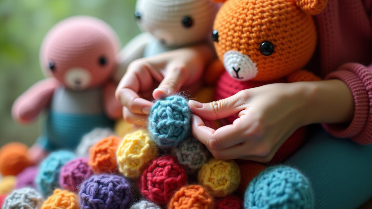 Close-up of hands crocheting colorful amigurumi using tapestry technique, vibrant yarn, natural Amigurumi colorido feito com técnica de fio conduzido.