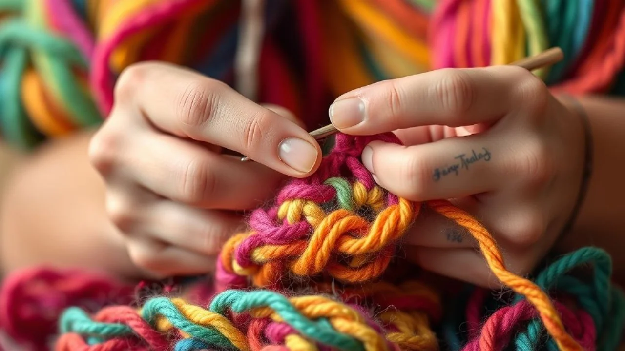 Close-up of hands crocheting with colorful cotton yarn, focus on the crochet hook and stitches, Detalhe das mãos crocheteando com agulha e fio de algodão colorido.