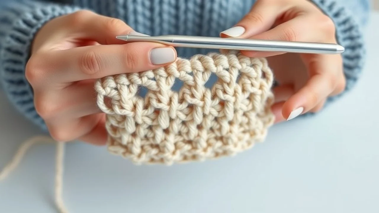 Close-up of hands demonstrating basic crochet stitches (chain, single crochet, double crochet), Demonstração dos pontos básicos de crochê: correntinha, ponto baixo e ponto alto.