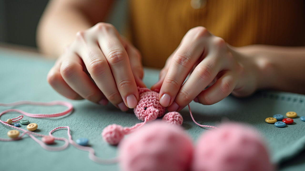 Close-up of hands miscounting stitches on amigurumi project, focus on stitch markers, natural Mãos usando marcadores para contar pontos em amigurumi.