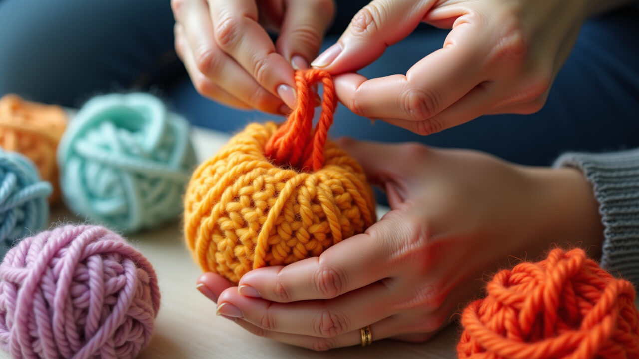 Close-up of hands seamlessly changing yarn color on an amigurumi project, vibrant yarn colors, Troca de cor perfeita em amigurumi.