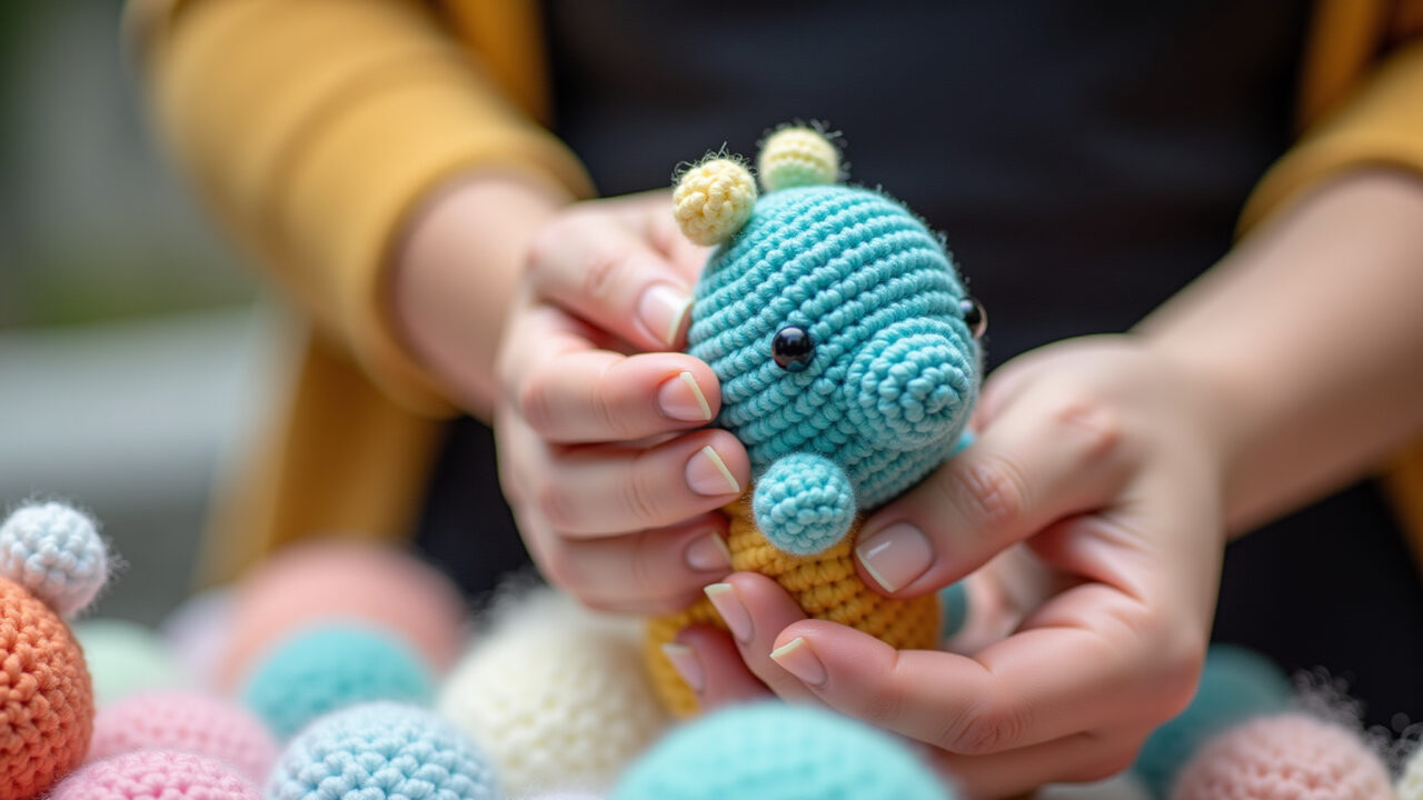 Close-up of hands stuffing a vibrant amigurumi toy with soft, white fiberfill. Natural light, sharp Enchimento de fibra siliconada sendo usado em amigurumi colorido.