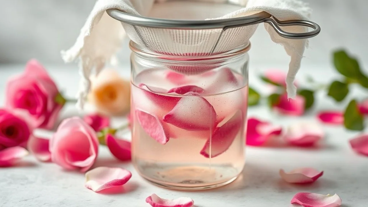 Fazendo água de rosas caseira: pétalas de rosas sendo coadas.