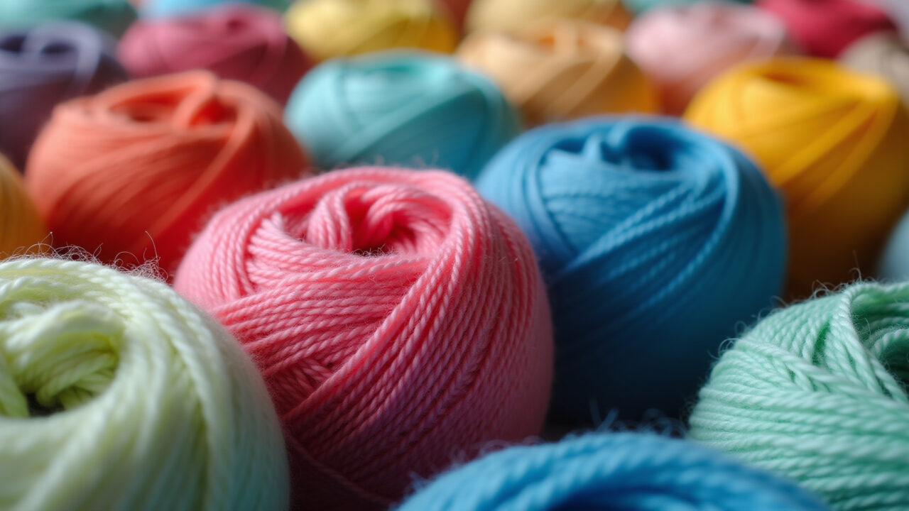 Close-up of mercerized cotton yarn for tapestry crochet, soft focus, vibrant colors, natural Fio de algodão mercerizado para amigurumi tapestry.