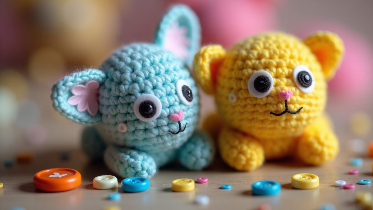 Mini amigurumi decorado com botões, miçangas e olhos de segurança.