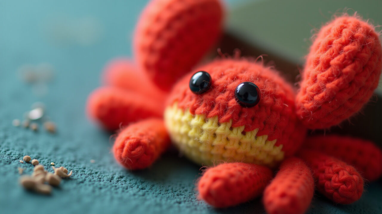 Close-up of 'pc' crab stitch finishing amigurumi edge, textured border, vibrant colors, natural Ponto caranguejo dando acabamento diferenciado.