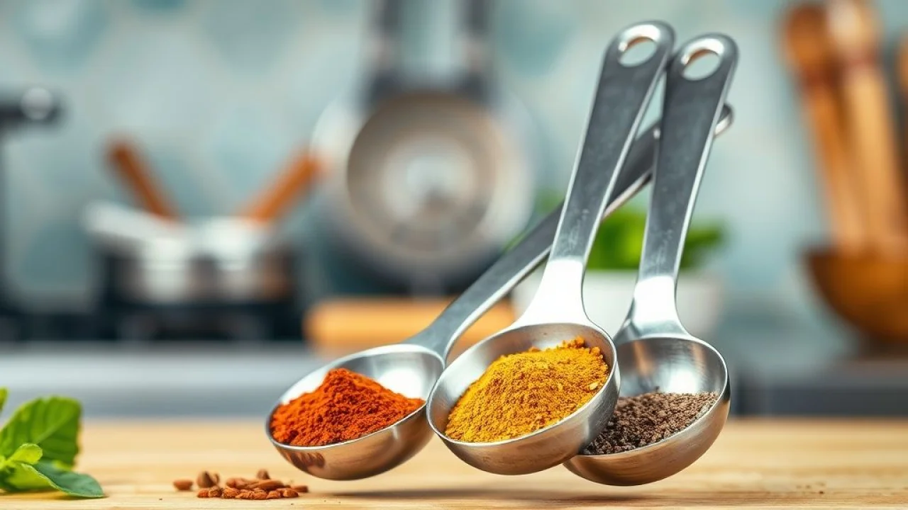 Colheres medidoras com especiarias. Precisão nas receitas da culinária brasileira: 1 colher de chá, 1 colher de sopa.