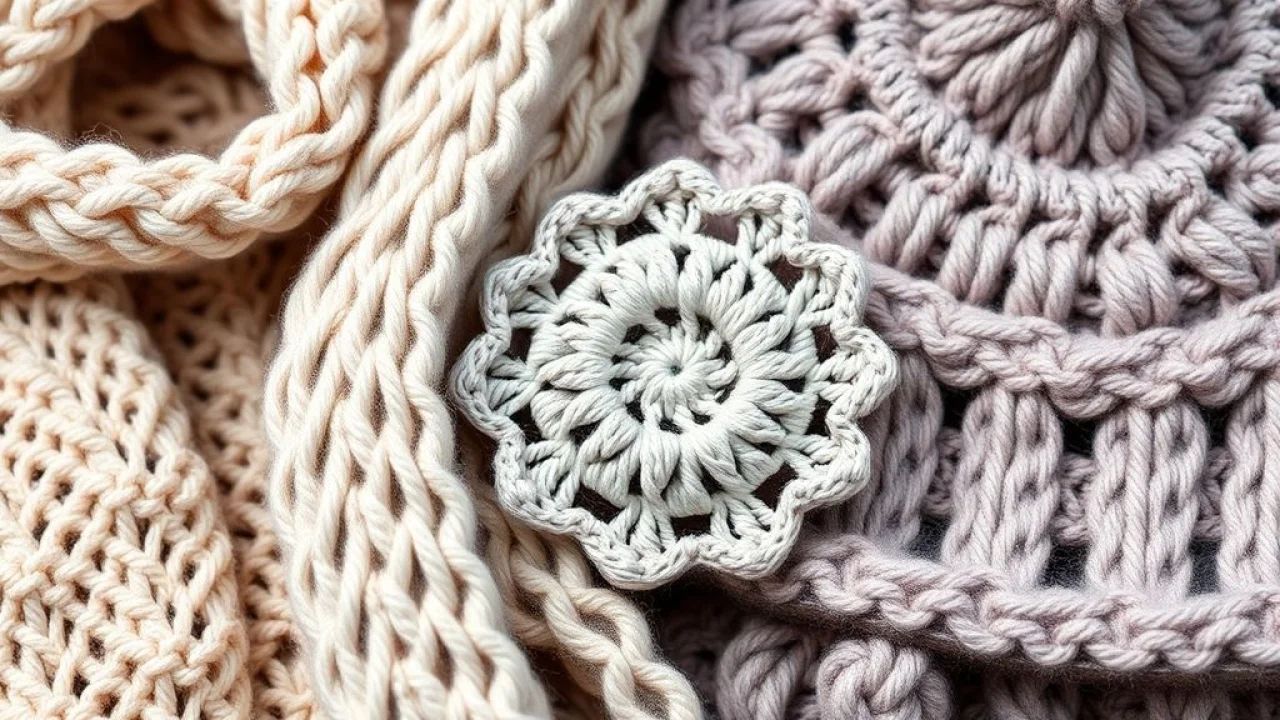 Close-up of various crochet projects (scarf, hat, small doily) showcasing different yarn weights Projetos de crochê com diferentes tamanhos de agulha e espessura de fio.