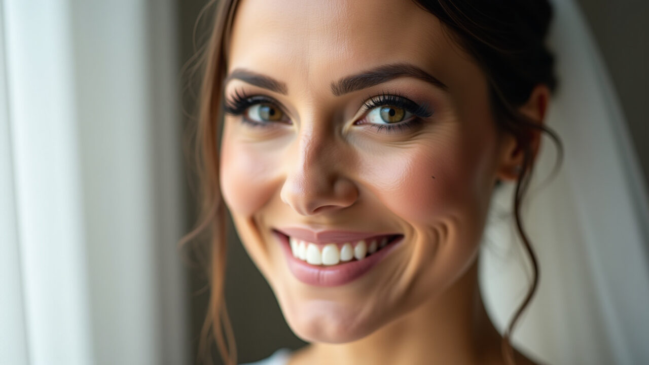 Close-up, professional photography, 8K, hyper-realistic: Mature bride (50s, mixed ethnicity) with Noiva madura com maquiagem radiante e pele impecável.