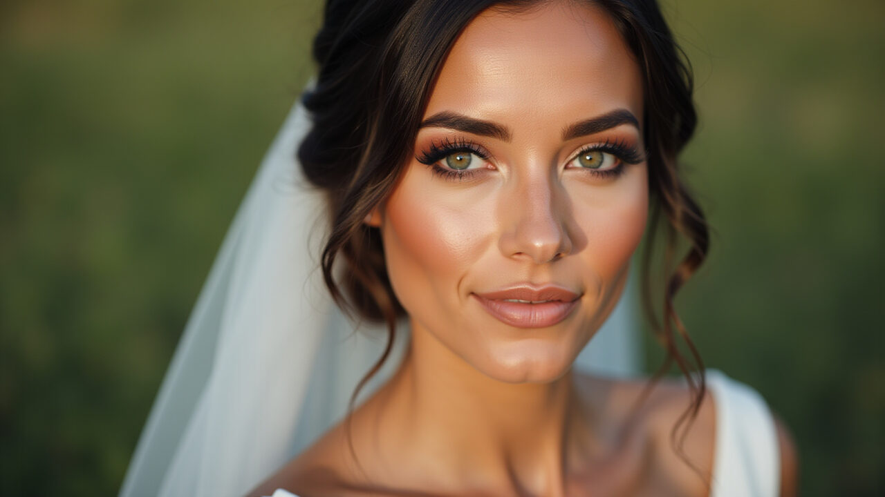 Close-up, professional photography, 8K, hyper-realistic of a bride with natural makeup, soft focus, Noiva com maquiagem natural e radiante.