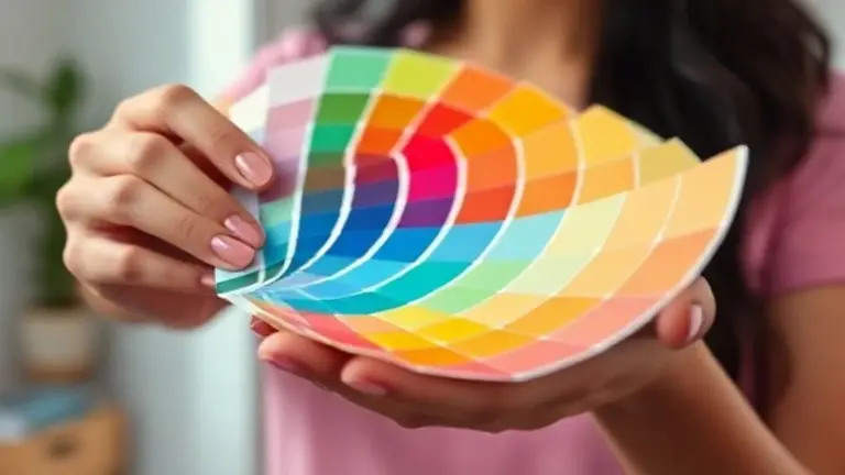 Mãos de mulher brasileira segurando círculo cromático, selecionando amostras de cores análogas. Foco nítido, alta res...
