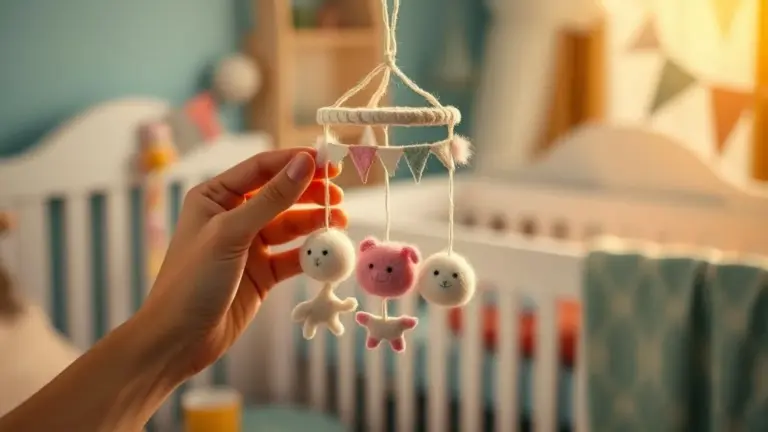 Mãos habilidosas criando móbile de feltro colorido para quarto de bebê, em ambiente aconchegante e com luz suave.