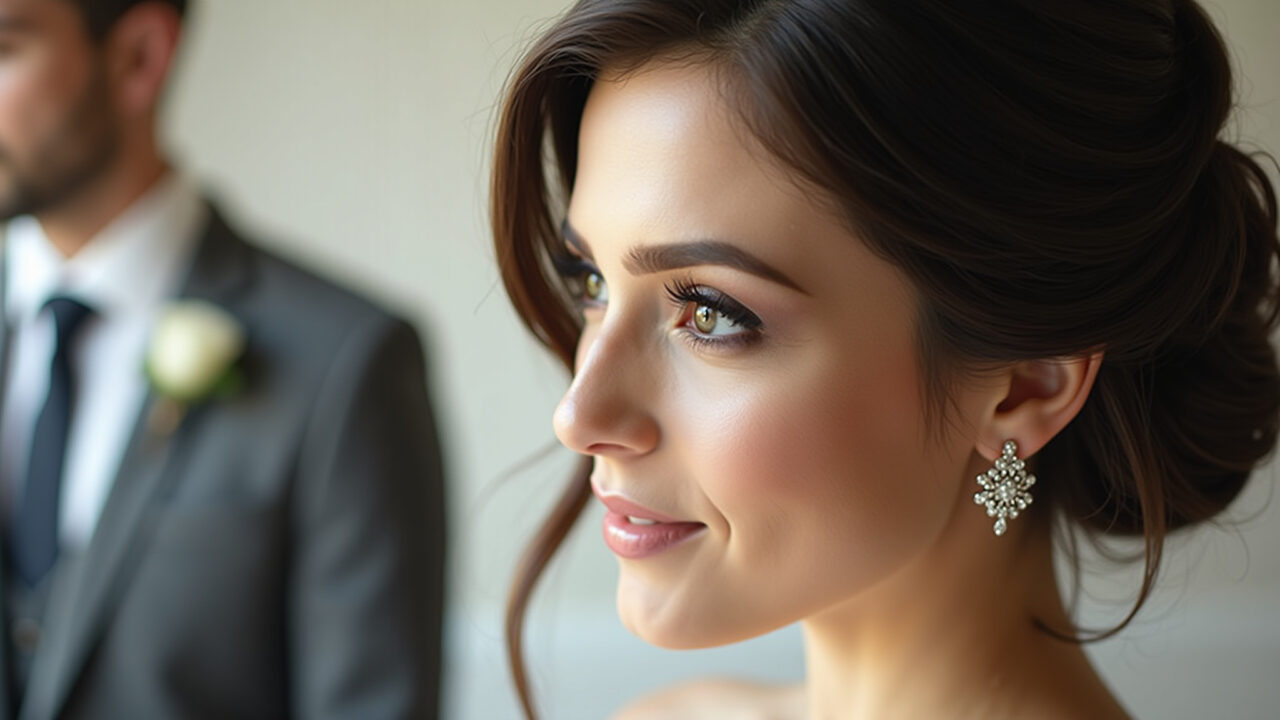 Close-up, professional photography, elegant brunette bride, soft glam makeup, natural lighting, Maquiagem suave para noiva morena em casamento civil.