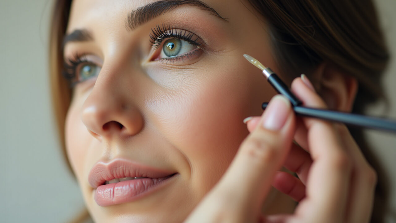 Close-up professional photography, elegant woman with flawless skin, applying hydrating serum Mulher aplicando sérum hidratante antes da maquiagem para madrinha à noite.