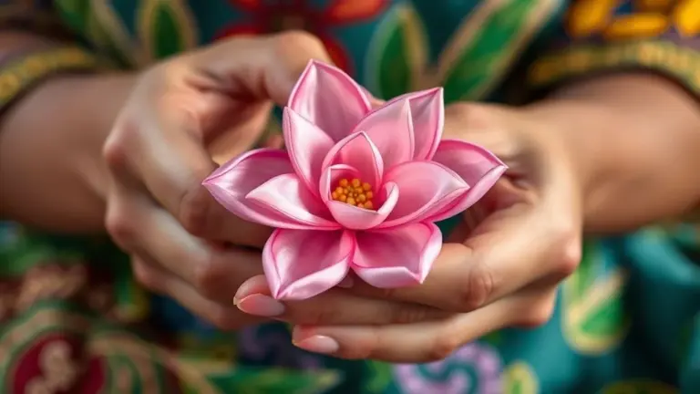 Mãos habilidosas criando flor de cetim colorida, artesanato brasileiro.
