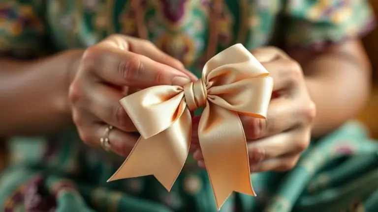 Mãos de artesã brasileira criando um laço de cetim perfeito para artesanato, com foco nos detalhes e cores vibrantes.