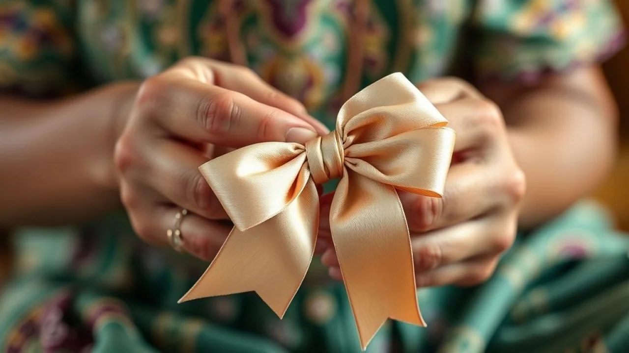 Mãos de artesã brasileira criando um laço de cetim perfeito para artesanato, com foco nos detalhes e cores vibrantes.