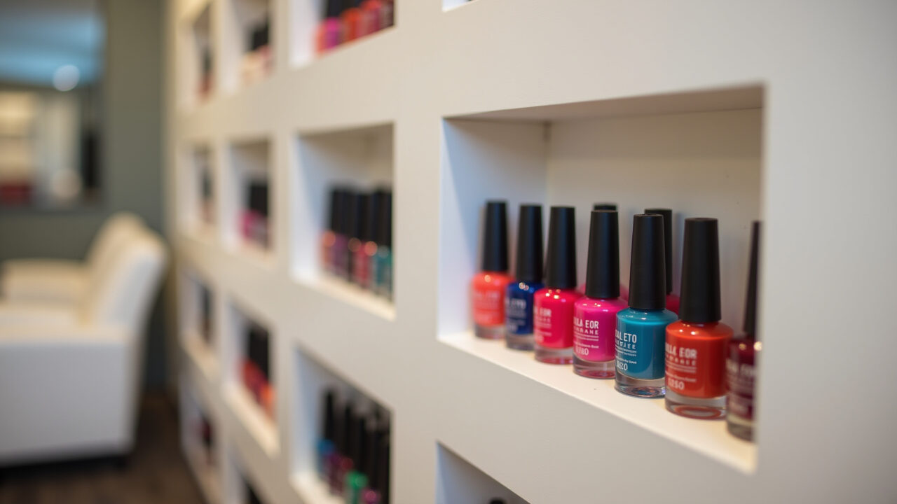Close-up, professional photography, nail polish bottles neatly arranged in wall niches, salon Nichos organizados com esmaltes em salão de beleza.