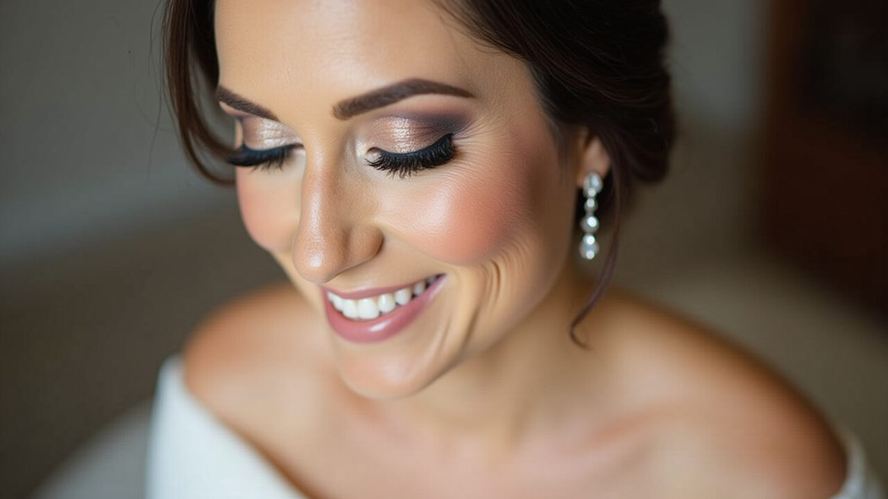 Close-up, professional photography of a beautiful brunette bride with elegant evening makeup, soft Maquiagem elegante para noiva morena à noite, foco nos olhos.