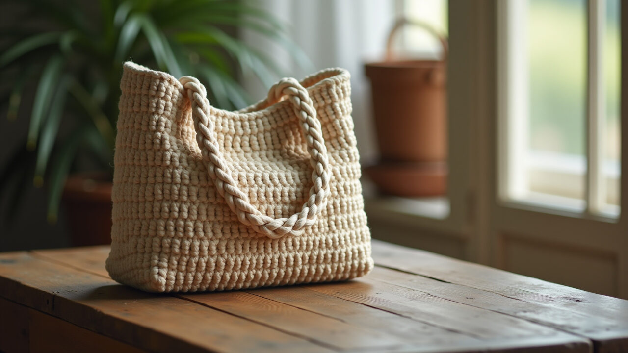 Bolsa sacola de macramê bege com detalhes intrincados.