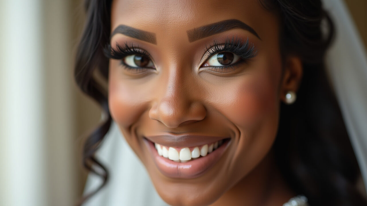 Close-up, professional photography of a Black bride's face, showcasing flawless wedding makeup, Maquiagem de casamento impecável em pele negra.