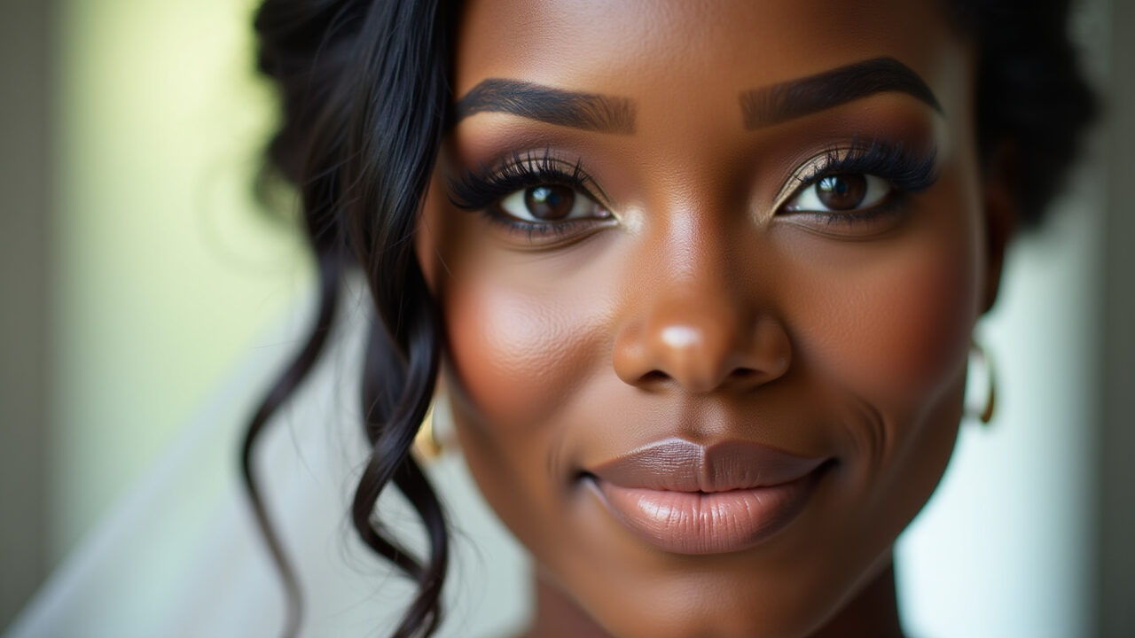 Close-up, professional photography of a black bride's face with flawless makeup, focus on radiant Rosto de noiva negra com maquiagem impecável.