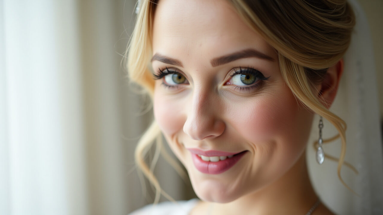 Close-up, professional photography of a bride with light, natural makeup for a daytime civil Maquiagem leve e natural para casamento civil de dia.