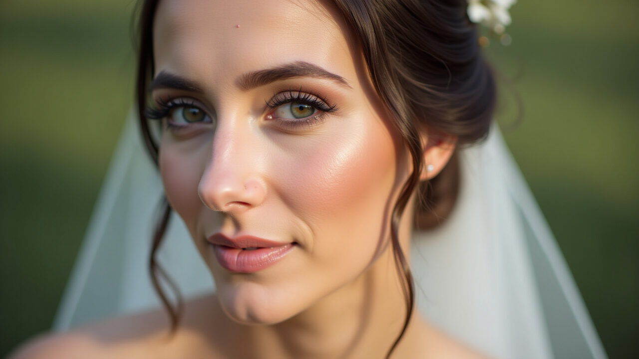 Close-up, professional photography of a bride with delicate makeup, soft pink blush, natural Noiva com maquiagem delicada e blush rosa suave.
