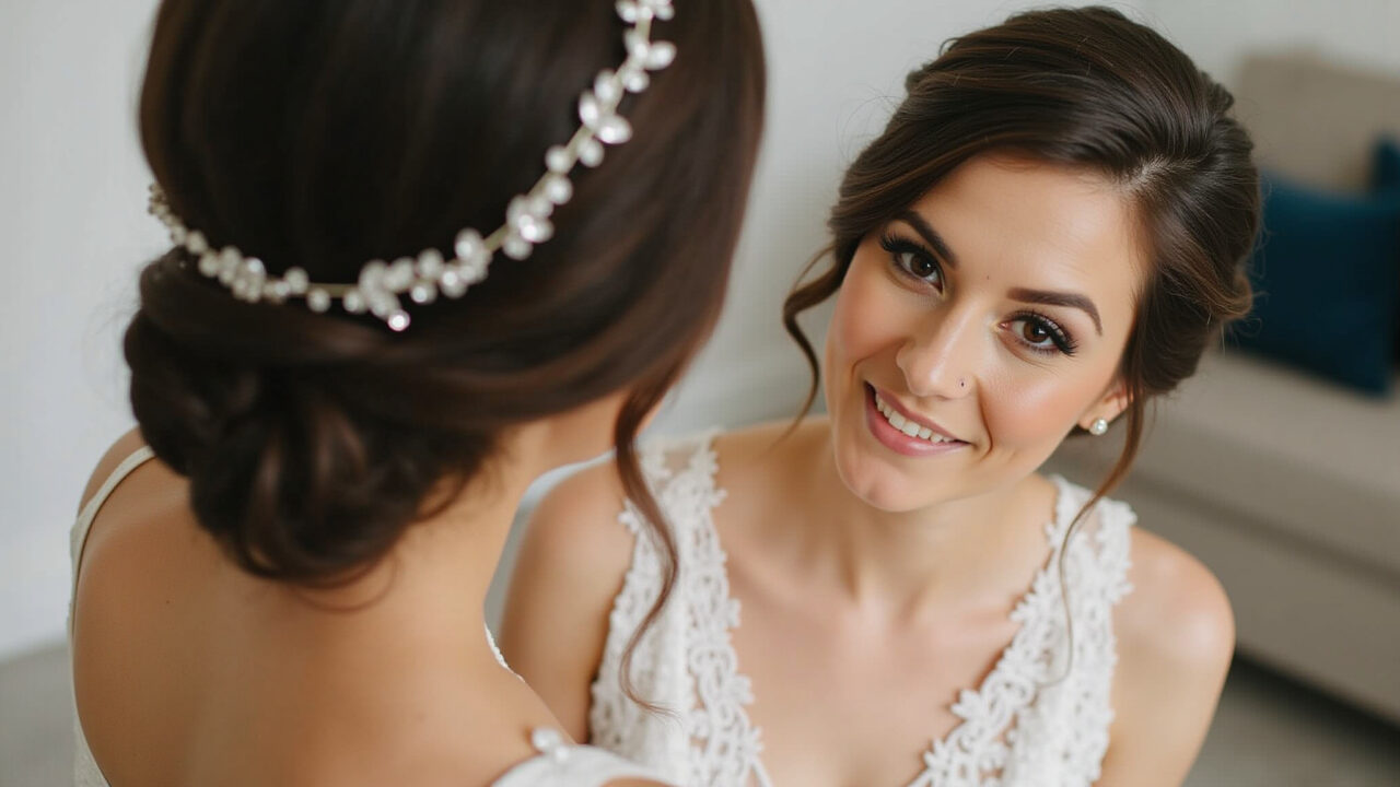Close-up, professional photography of a bride with minimalist hairstyle adorned with a delicate Noiva com tiara delicada de cristais em penteado minimalista.