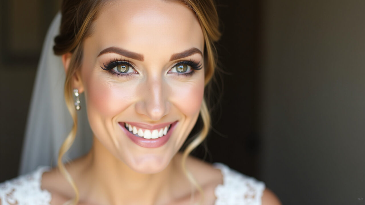 Close-up, professional photography of a bride's face with classic wedding makeup, flawless skin, Rosto de noiva com maquiagem clássica de casamento.