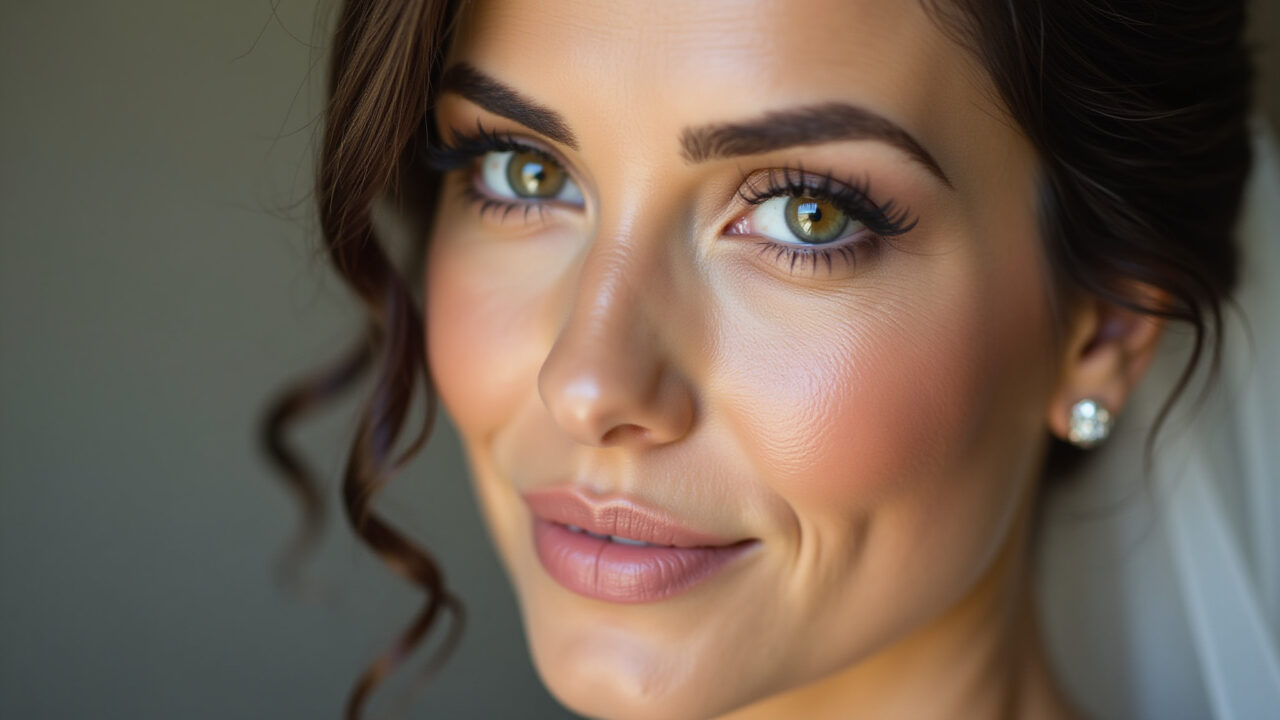 Close-up professional photography of a brunette bride with natural, radiant makeup for a daytime Maquiagem natural e radiante para noiva morena em casamento diurno.