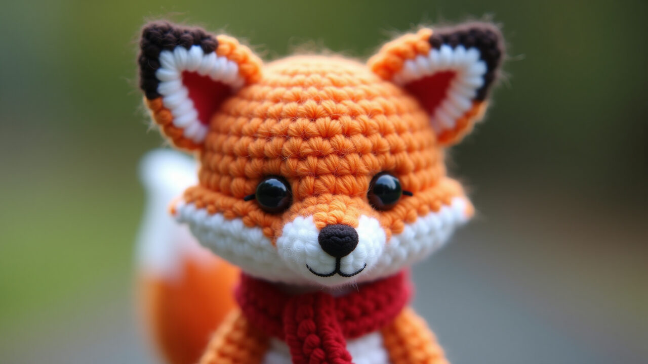 Close-up, professional photography of a charming crochet fox amigurumi with a tiny scarf, vibrant Amigurumi de raposa charmosa com cachecol.