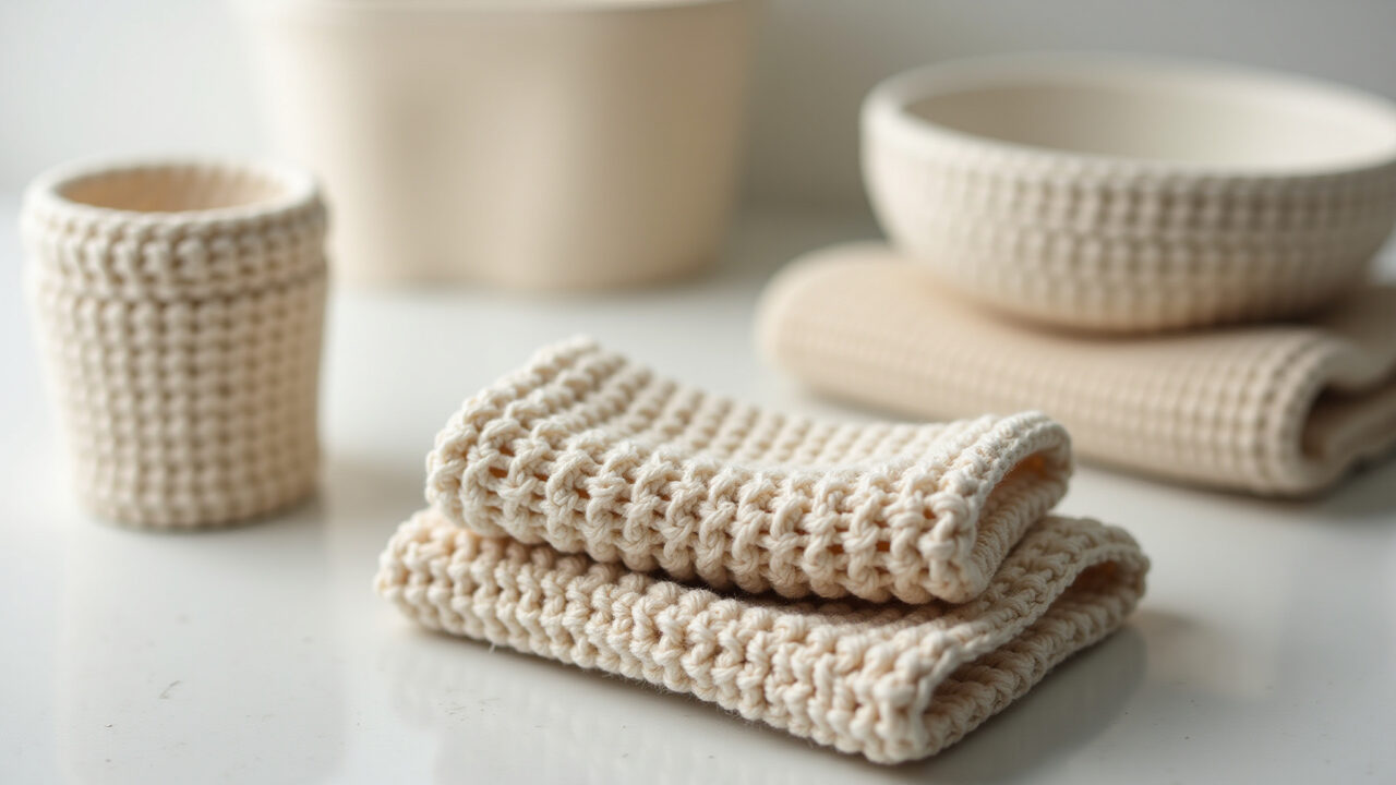 Close-up, professional photography of a crocheted bathroom set in neutral tones (beige, white), Jogo de banheiro em crochê simples em tons neutros.